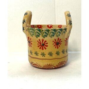 Vintage Handpainted Italian Ceramic Planter With Floral Design & Handles